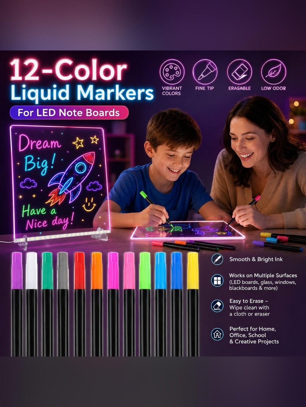 🍎 New 12 Color Neon Liquid Chalk Markers Fine Tip fr LED Boards Glass Dry Erase